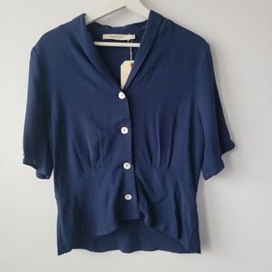 nice things women's lapel neck crepe top size 38 (6) in indigo short sleeve